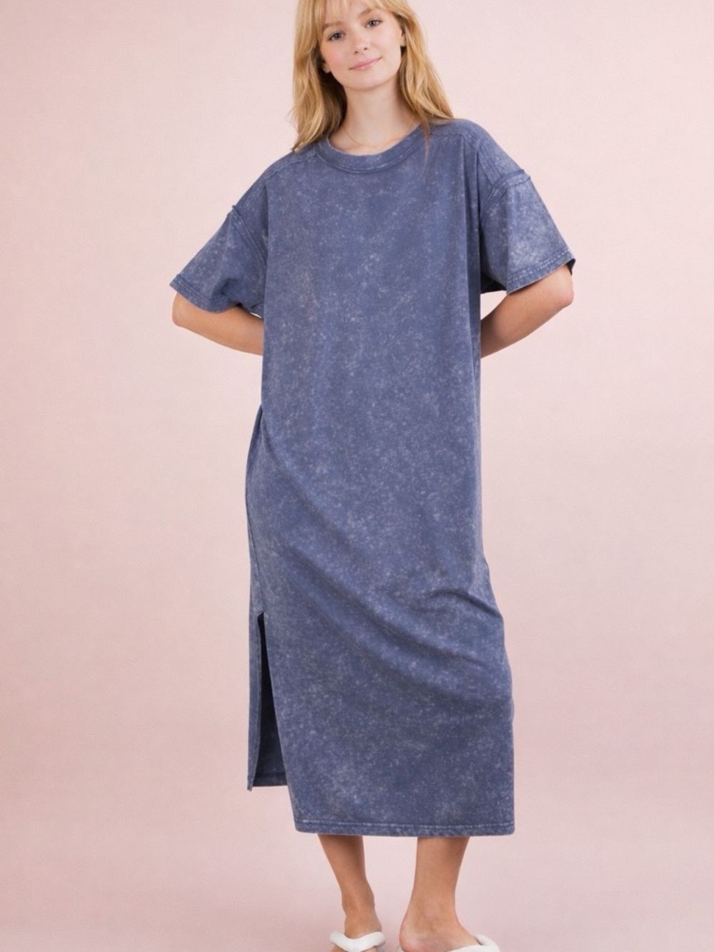 Relaxed Washed Blue Short-Sleeve Maxi Dress